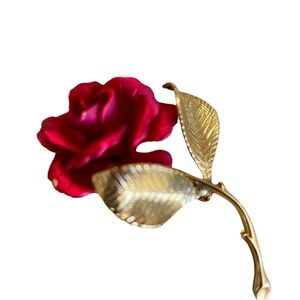 Brooch, Vintage Signed Cerrito, Elegant Gold and Red Rose Brooch